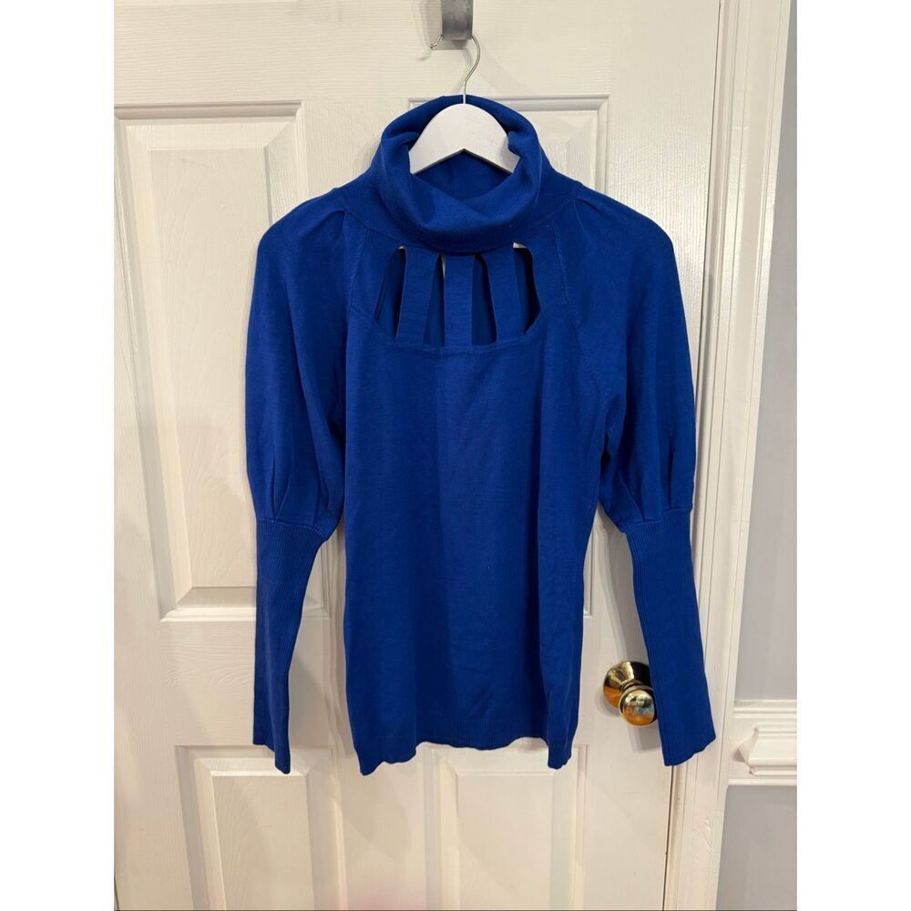 Vintage Arden B Royal Blue Cage Front Bishop Sleeve Sweater sz L NWT
